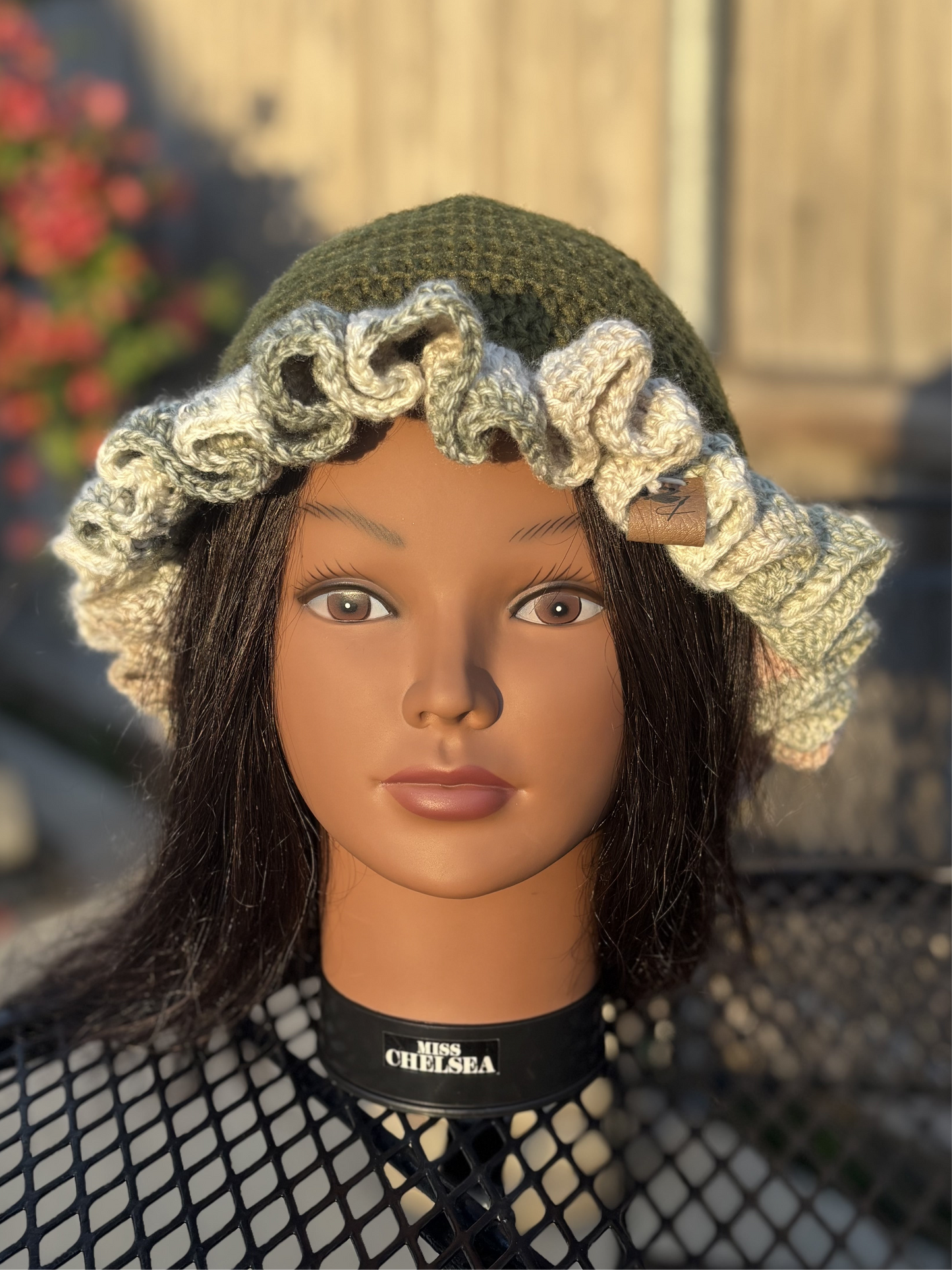 Green and Blush Pink Ruffle Crochet Hat