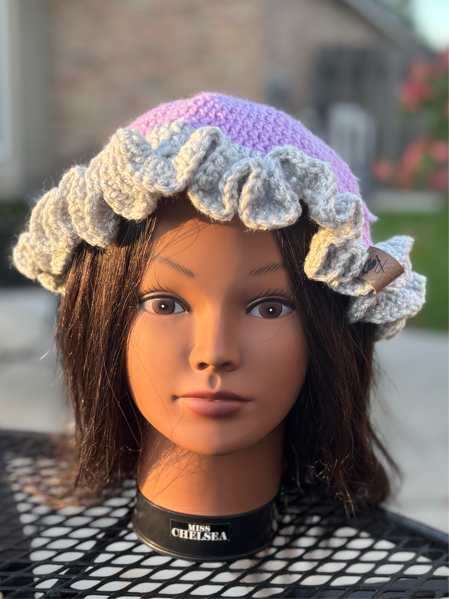 Pink and Silver Crochet Ruffle Hat
