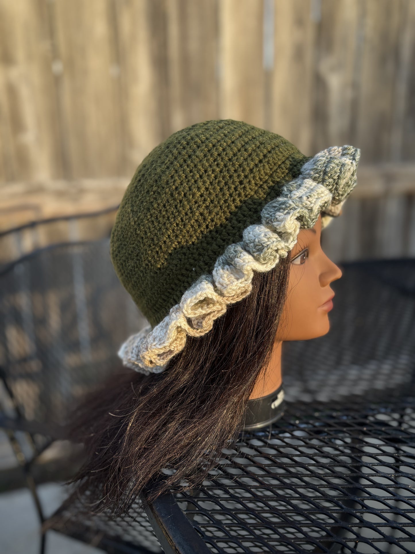 Green and Blush Pink Ruffle Crochet Hat