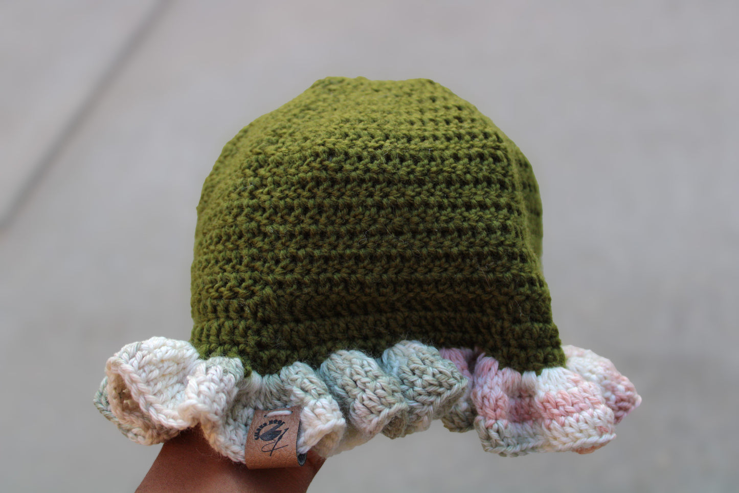 Green and Blush Pink Ruffle Crochet Hat