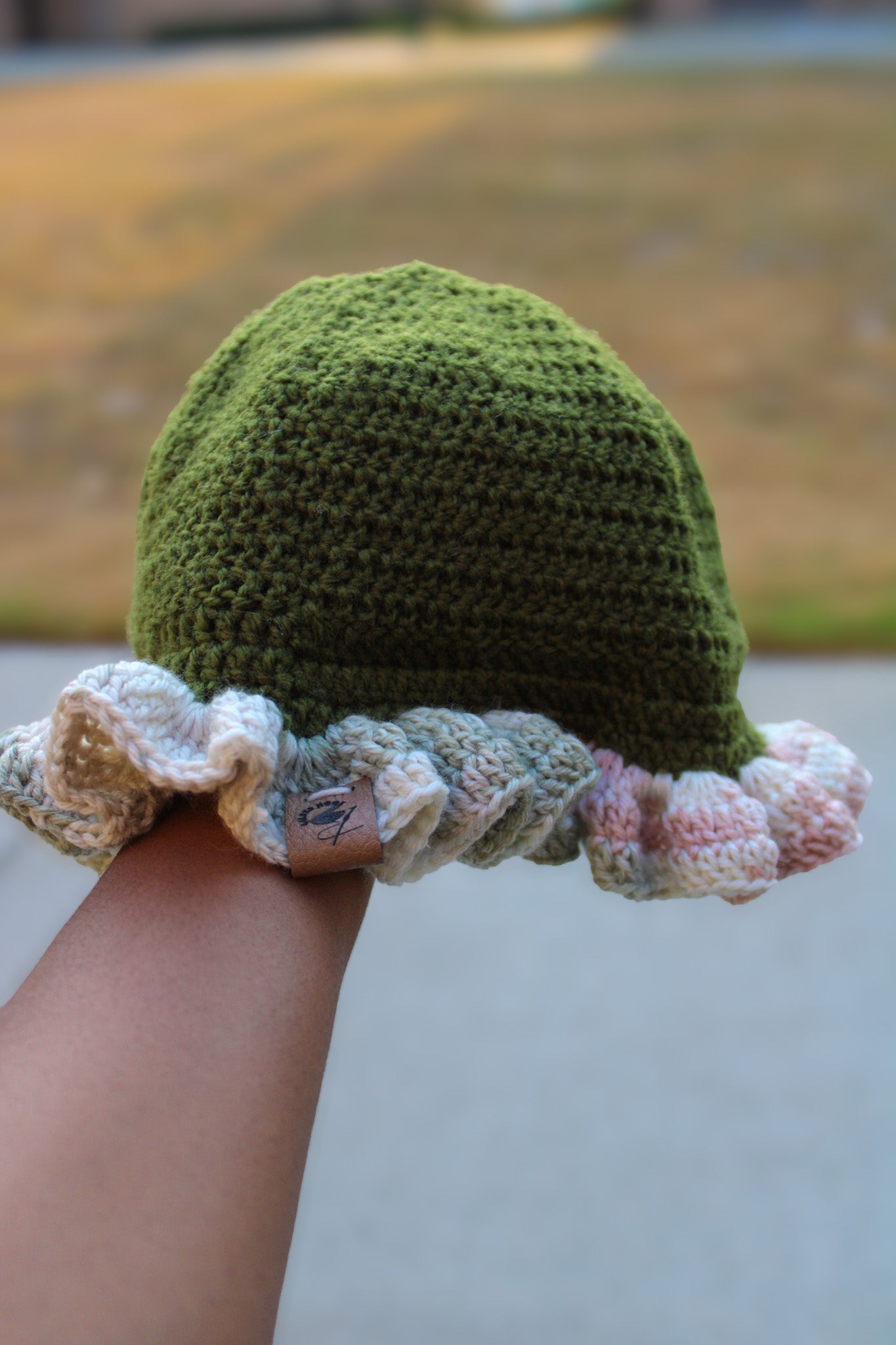 Green and Blush Pink Ruffle Crochet Hat