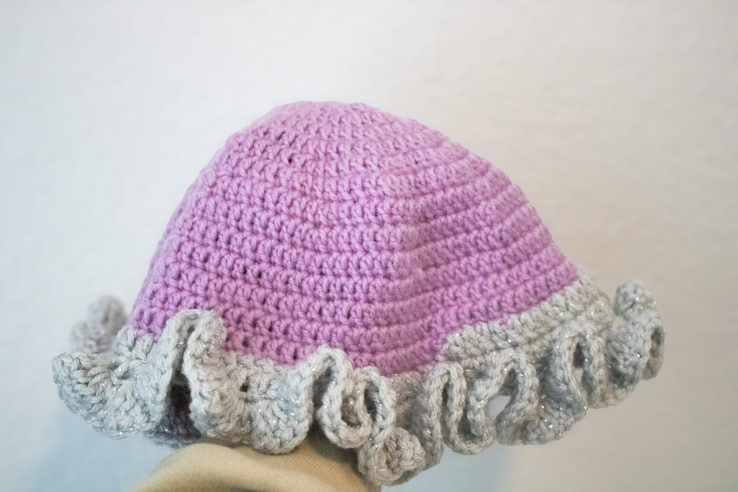 Pink and Silver Crochet Ruffle Hat